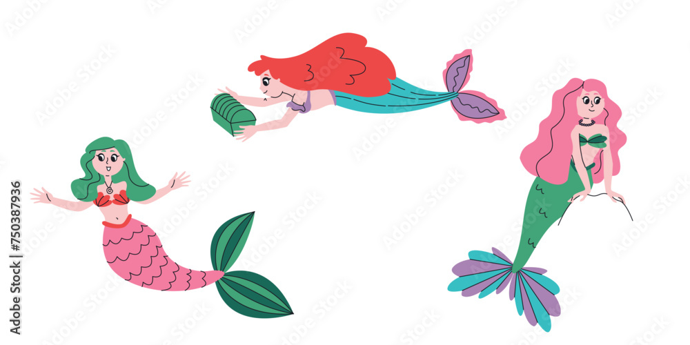 Set of different mermaids. Fairytale characters in doodle style.
