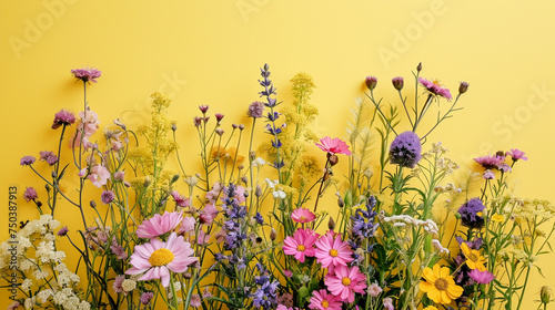 A bouquet of mixed wildflowers, their natural beauty captured in vivid 4K HDR against a solid pastel yellow background, creating a fresh and vibrant scene.
