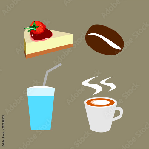 Roasted coffee bean with hot drink cup with  cheesecake pie slice topped with strawberry fruit syrup with cake with blue smoothie milk shake  isolated on green background