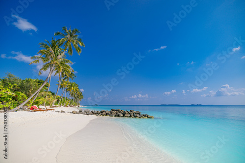 Happy sunshine blue sky waves under palm trees. Beautiful tropical Maldives island scene blue sea holiday vacation background. Amazing summer travel tourism. Ocean coast sandy beach. Exotic nature
