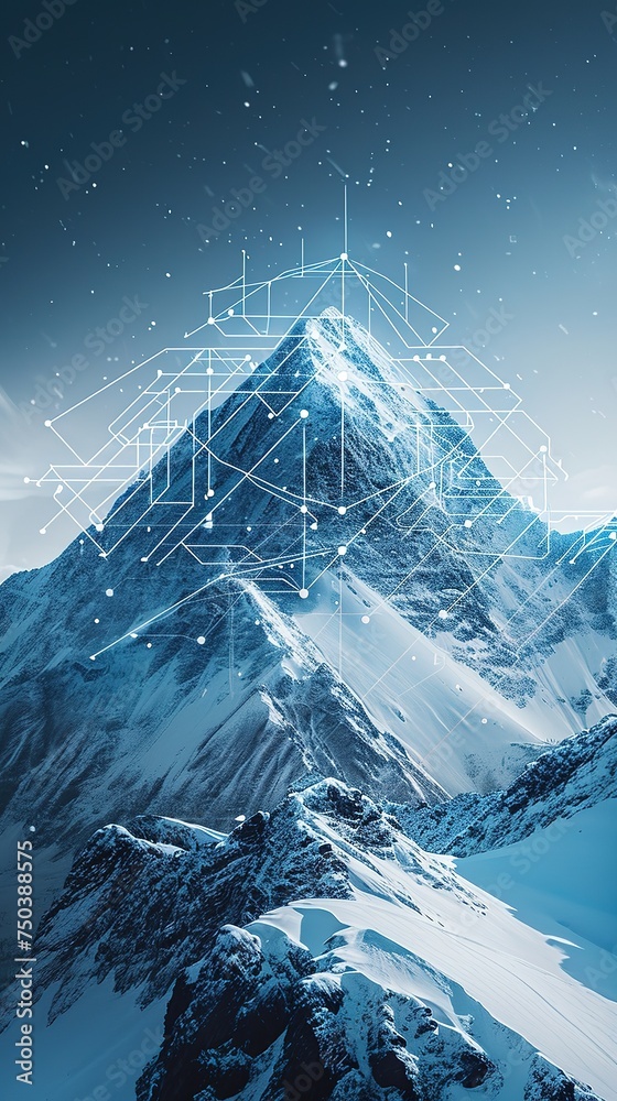 A cold snowy mountain peak with a cybernetic overlay showing information about the mountain such as how to climb to the top - obrazy, fototapety, plakaty 
