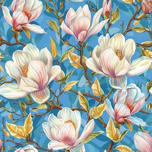 Magnolia Flower Seamless Pattern, Vintage Painting, White Magnolia Tile, Luxurious Spring Flowers