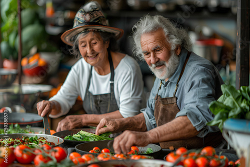 An image of a senior couple engaged in a cooking class, illustrating the joy of learning new culinary skills and maintaining a healthy lifestyle through nutritious meals. © assia