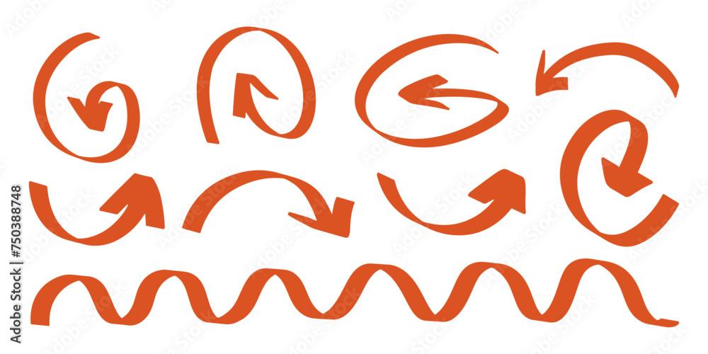 Obraz premium Set of arrows drawn by hand with pen or marker in different versions. Set of red long arrows on white background. The direction of movement