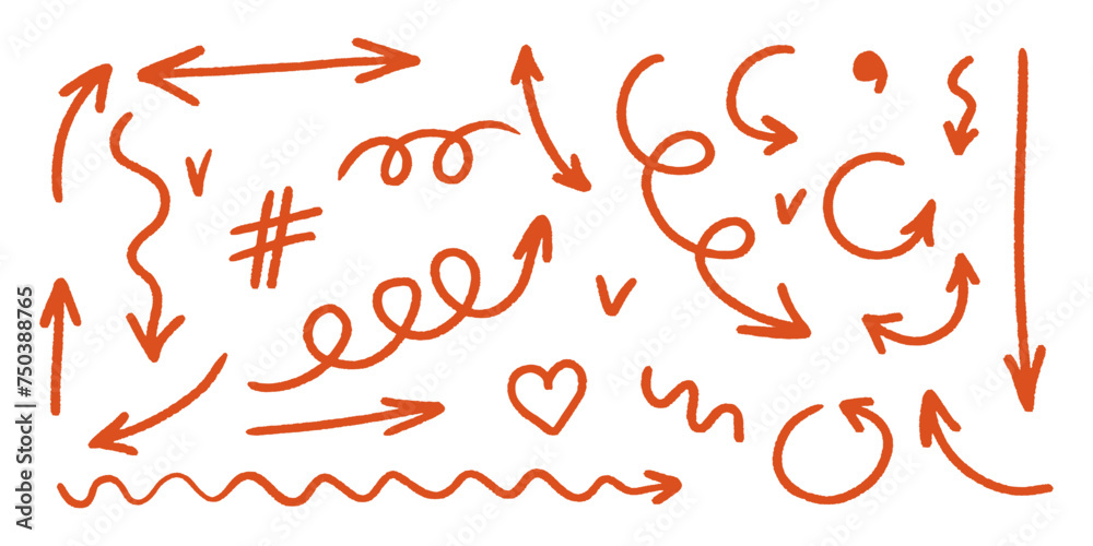 Set of arrows drawn by hand with pen or marker in different versions. Red arrows of different lengths on white background. The direction of movement Set of arrows drawn by hand with pen or marker in different versions. Red arrows of different lengths on white background. The direction of movement