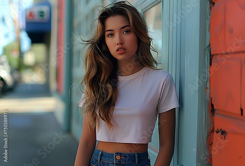 beautiful young woman leaning against wall and wearing lowtop
 photo