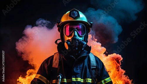 A professional firefighter dressed in uniform and an oxygen mask photo