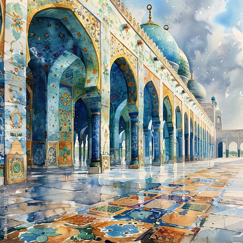 closeup of water color style, wintage wall, islamic arch on the left photo
