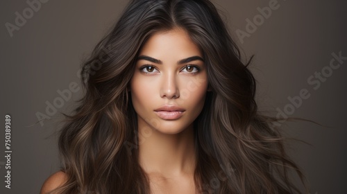 Smooth shiny hair and glowing tan skin - natural beauty model for hair and skin care