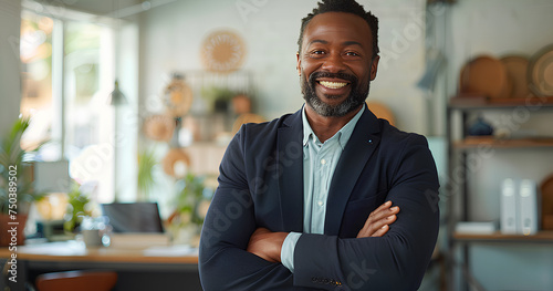 Crossed arms, laugh and face of business black man in office for leadership, funny joke and success. Corporate, manager and portrait of happy person in workplace for ambition, pride and confidence 