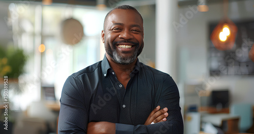 Crossed arms, laugh and face of business black man in office for leadership, funny joke and success. Corporate, manager and portrait of happy person in workplace for ambition, pride and confidence 