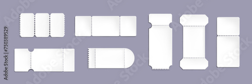Paper ticket templates set isolated on gray background. Vector realistic illustration of blank white carton coupons with dotted line, flight boarding pass, concert, theater entrance or lottery flyer