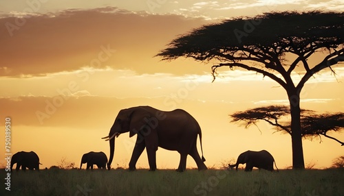 Adorable African Elephant Family of Five at Sunset
