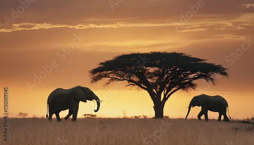 Adorable African Elephant Family of Five at Sunset photo