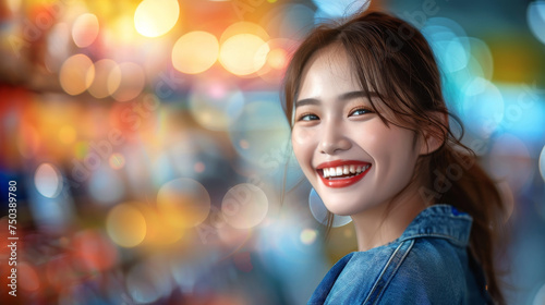 Smiling Asian Woman in Denim Jacket with Colorful Bokeh Lights
