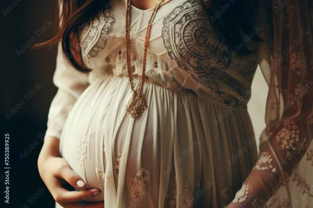 Happy pregnant woman lovingly embracing her belly, eagerly anticipating babys arrival