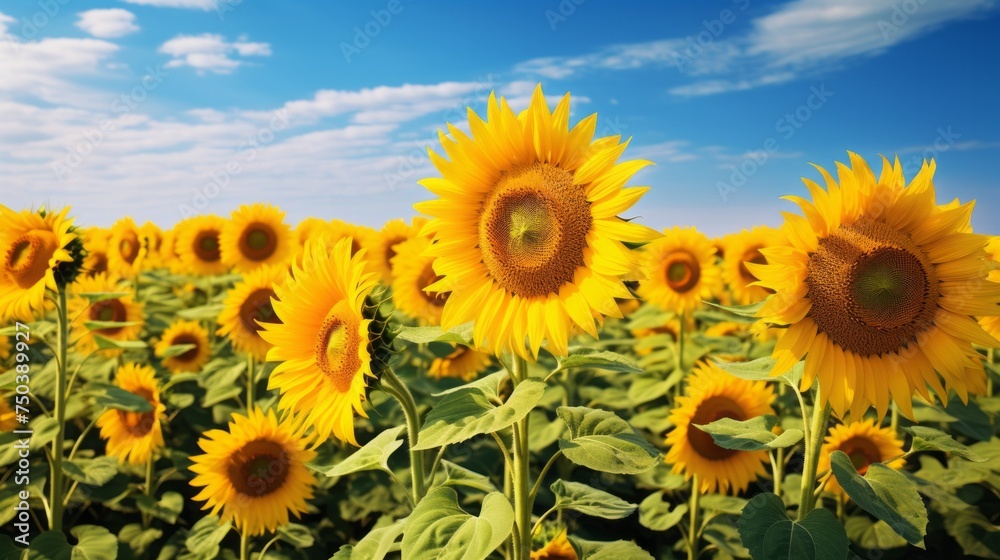Fototapeta premium Endless field of sunflowers illuminated by the sun, harvest and agricultural business concept 