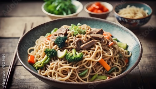 Asian food. Chinese noodles with vegetables and shrimp. On an old rustic background .