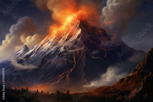 A majestic volcano spewing lava, dark plumes rising against a fiery sky. Generative AI. photo
