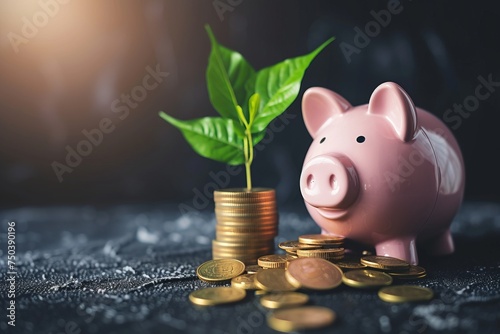 Pink piggy bank with a stack of coins nearby and a growing green sprout, savings and investment concept with copyspace
 photo