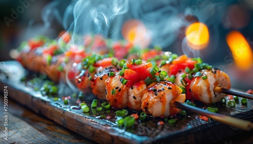 grilled chicken skewers with tomato and chive on a wooden board