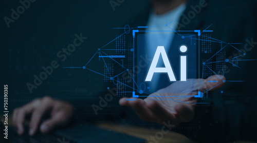 Technology and people concept man use AI to help work, AI Learning and Artificial Intelligence Concept. Business, modern technology, internet and networking concept. AI technology in everyday life.