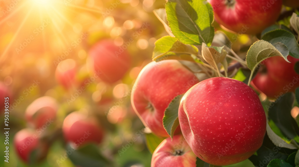 Harvest of ripe red apples on a branch in the garden, agribusiness business concept, organic healthy food and non-GMO fruits with copy space