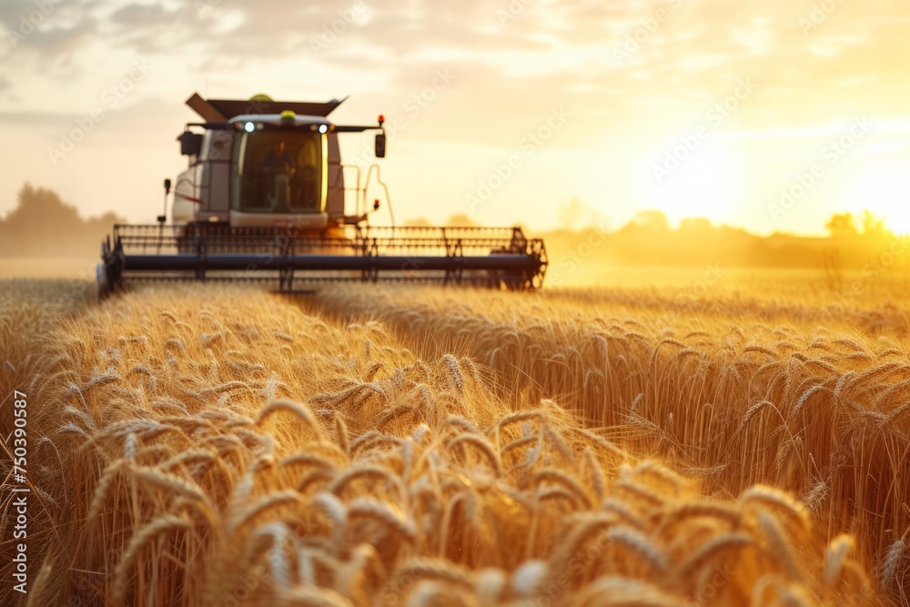 Fototapeta premium Seasonal wheat harvest by combine, concept of agricultural business, eco products 