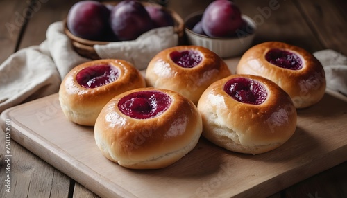 baked sweet homemade buns with plum inside, on a wooden table.