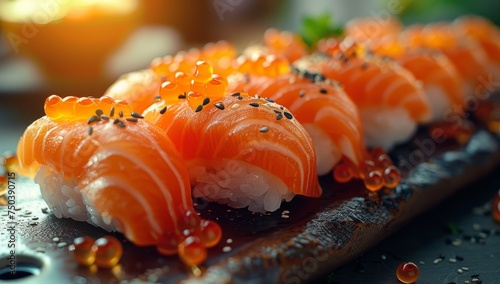 Fresh Salmon Sushi with Caviar on Wooden Board