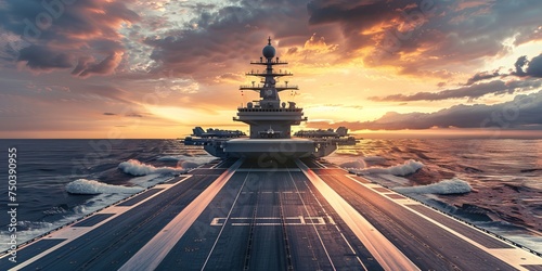 Military Aircraft Carrier with Fighter Jets with Sunset Background