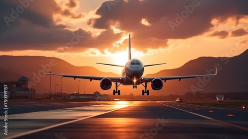 Passenger and cargo aircraft taking off at sunset from airport runway, travel and logistics scene