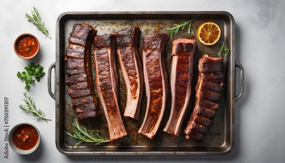 BBQ smoked lamb ribs, mutton spareribs, sliced meat in steel tray with herbs. Gray background. Top view - obrazy, fototapety, plakaty 