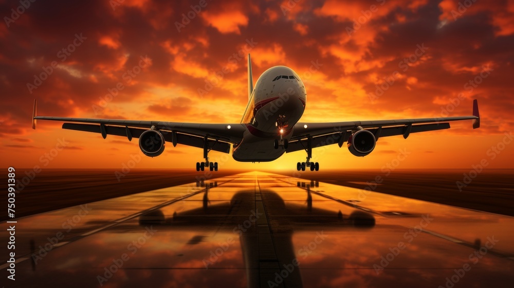 Passenger and cargo planes taking off from airport runway into the golden sunset sky