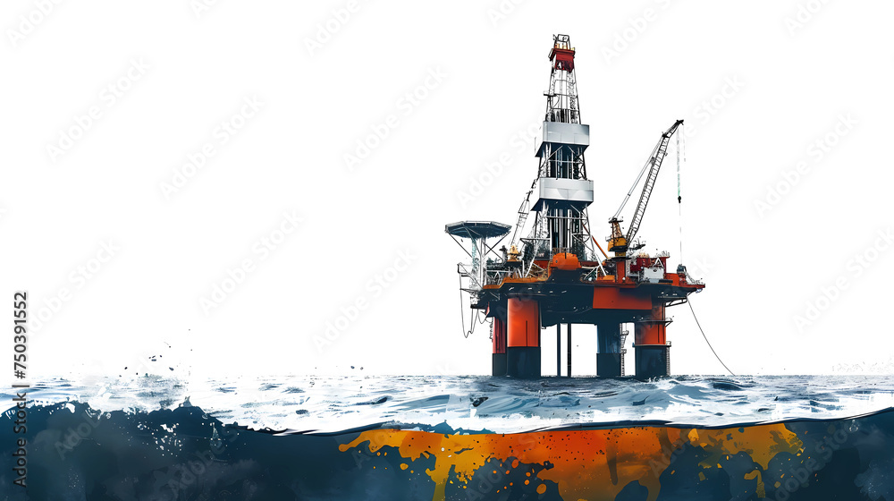 Oil drilling rig in the middle of the sea isolated on white background