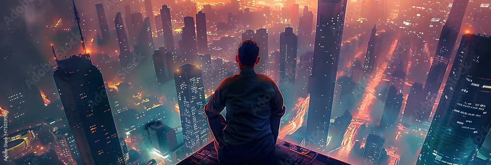 Man sitting on edge of building overlooking futuristic city from above. Fantasy concept  - obrazy, fototapety, plakaty 