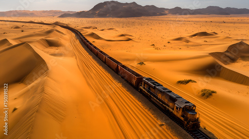Mauritanian Desert: Aerial View of Long Freight Train Transporting Iron Ore to Atlantic Coast