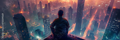 Man sitting on edge of building overlooking futuristic city from above. Fantasy concept  photo