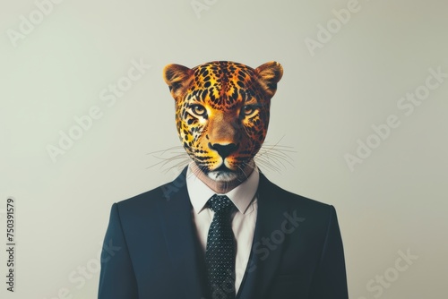 Leopard commanding attention in a sharp business suit  merging the regal beauty of the animal kingdom with the refined elegance of corporate attire.