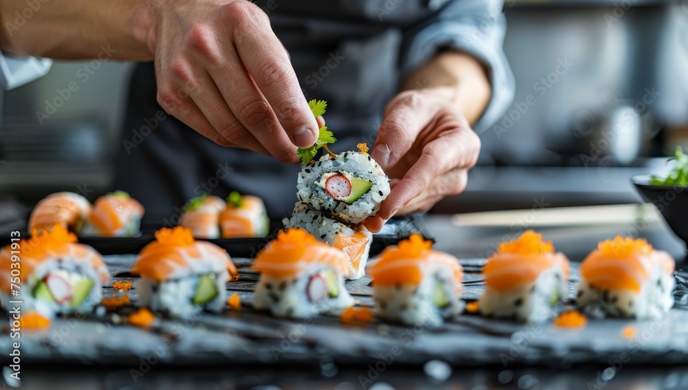 Chef skillfully garnishing fresh sushi rolls in professional kitchen