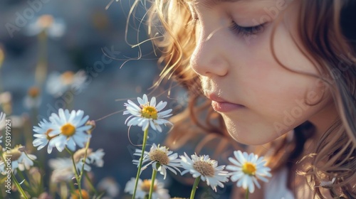 Young girl enjoying fragrance of fresh daisies in blooming field during golden hour. Connection with nature and childhood innocence.