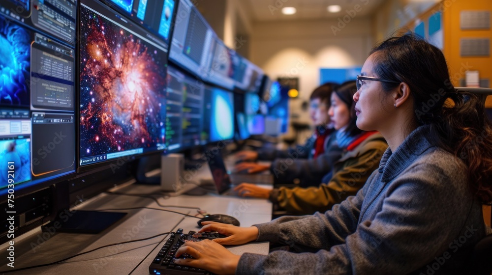 Pioneering the Future. Team of Scientists Works in Modern Space Exploration Facility Pioneering the Future. Team of Scientists Works in Modern Space Exploration Facility