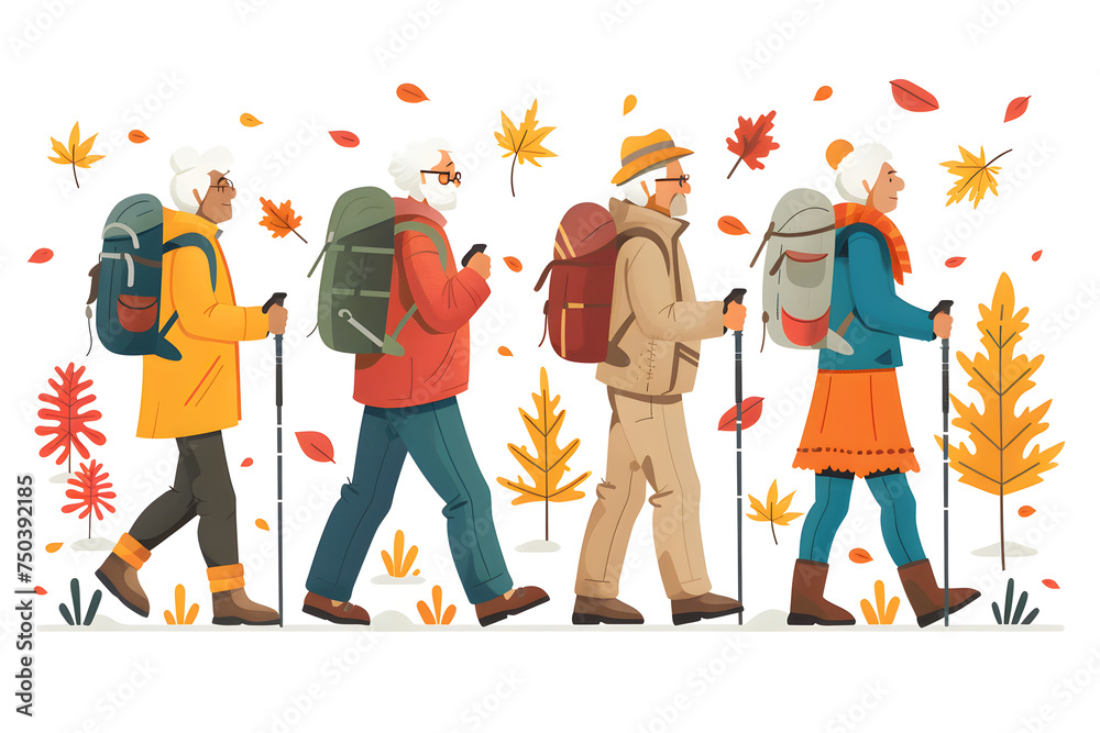 Elderly hiking in a group Elderly hiking in a group