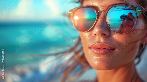 Closeup portrait of a beautiful woman in sunglasses on the beach.