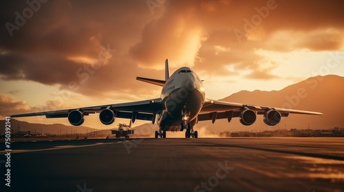 Passenger and cargo planes taking off from airport runway with sunset sky in background