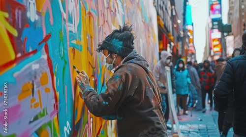 Street artist creates a vibrant mural on a city wall. © Postproduction