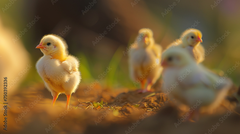 several baby chicks of different colors stand in a row , with a blurred background of an spring farm, easter background