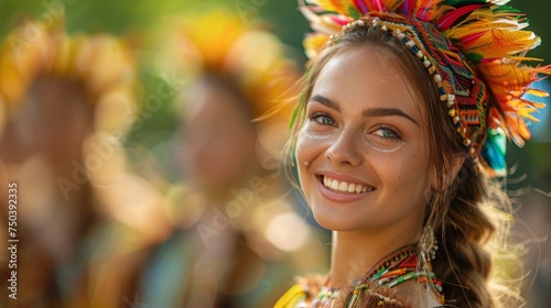 Young woman in colorful Indian headdress outdoors