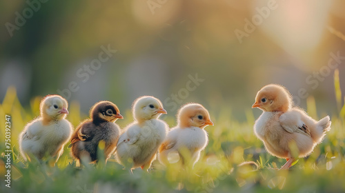 several baby chicks of different colors stand in a row , with a blurred background of an spring farm, easter background