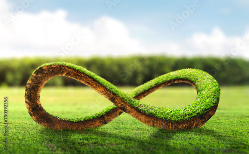 3D rendering of infinity environment concept. infinite earth land with green grass. Earth land with green grass on small green planet and blue sky background. Eco and circular economy concept.
